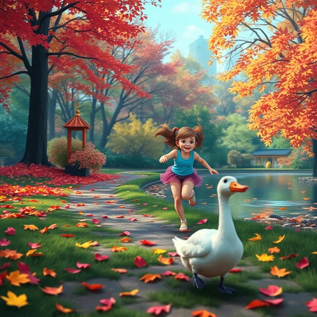 Lila running joyfully in a park filled with colorful leaves and a pond, chasing after a friendly goose, digital art, lively colors, joyous atmosphere, high quality