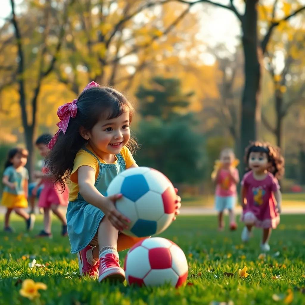 A little girl playing ball with Lila in the park, both of them happy, surrounded by other children and laughing, bright colors, heartwarming scene, storytelling view, whimsical