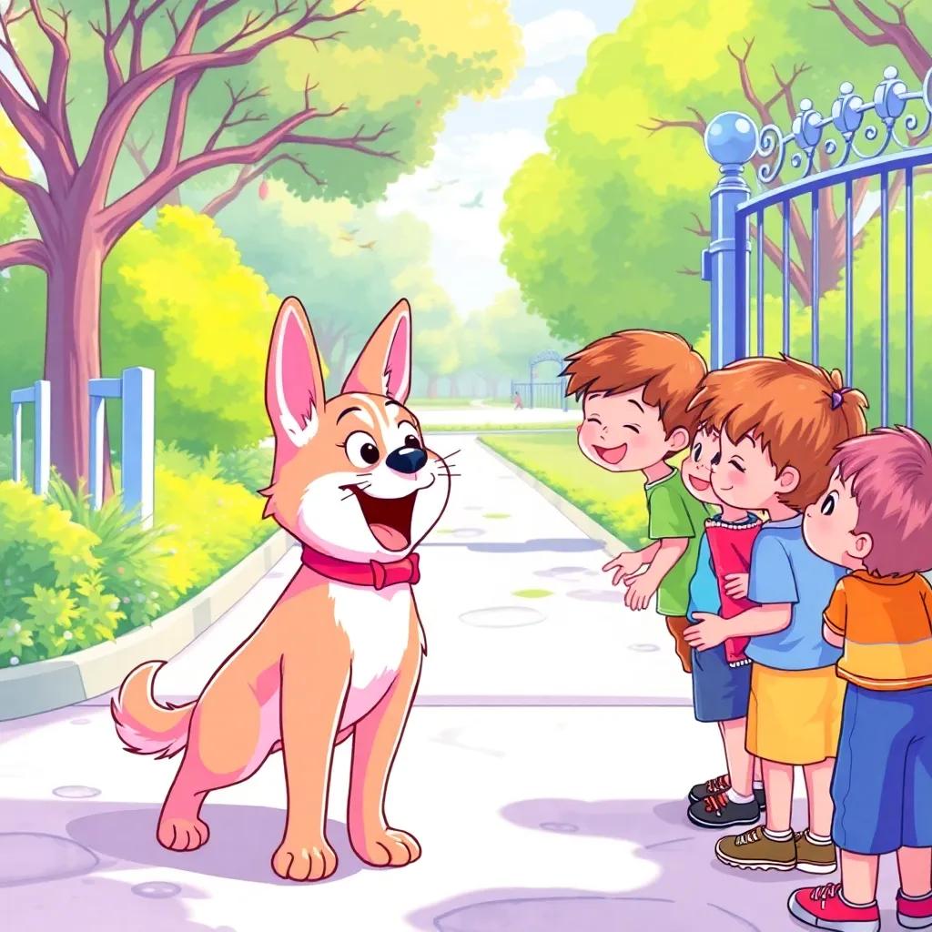 Lila getting the attention of the children, barking happily to invite them to the kennel, park entrance in the background, colorful, vibrant children's illustration, joyful interaction