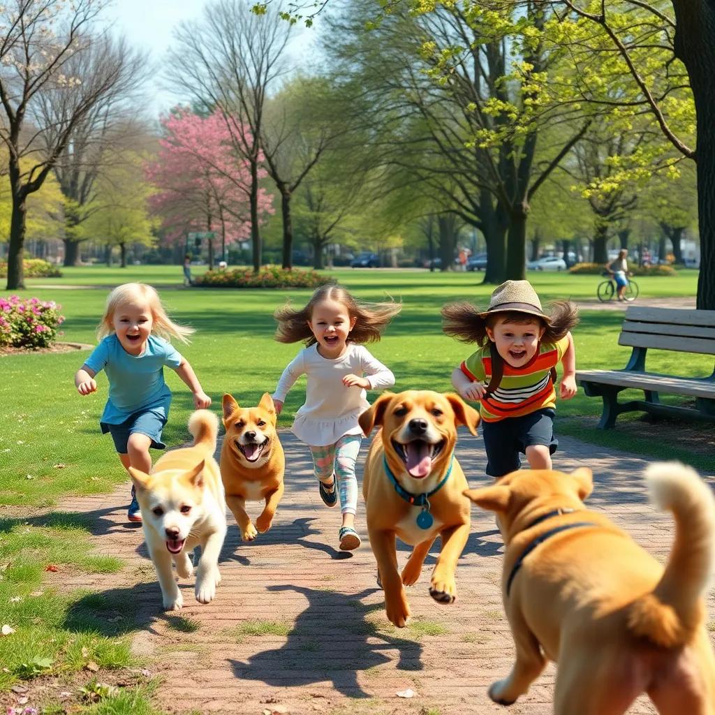 A playful scene with children and dogs running around and playing together in the park, joyful expressions, bright spring colors, high quality, digital art