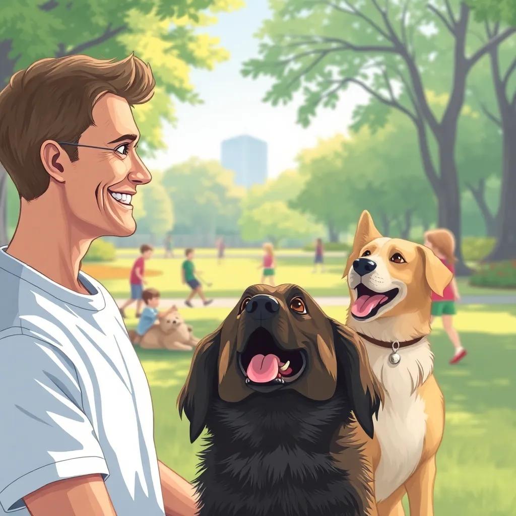 A smiling dog trainer watching the happy scene, realizing the importance of playtime for dogs, background of the park and kids playing, professional illustration, engaging setting