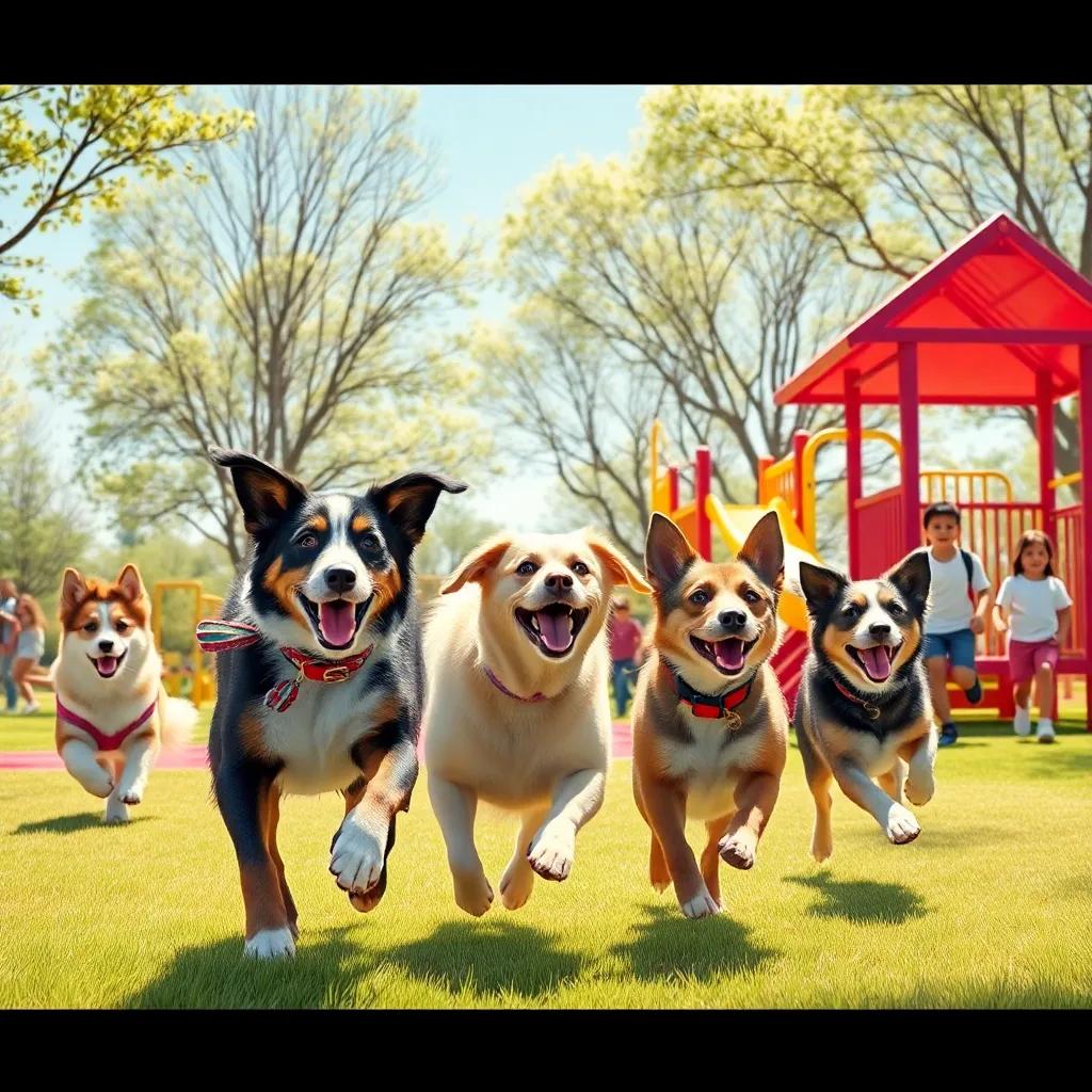 Lila and her dog friends happily playing in a new park designed just for them, colorful playground equipment and children running, bright sunny day, joyful, community atmosphere, high detail