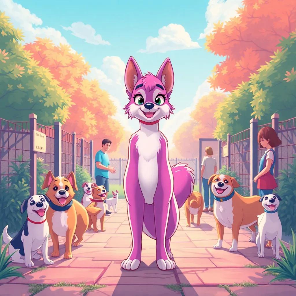 Lila, standing proudly at the entrance of the kennel, with happy dogs around her and humans entering the park, bright and cheerful, optimistic tone, digital art, warm colors