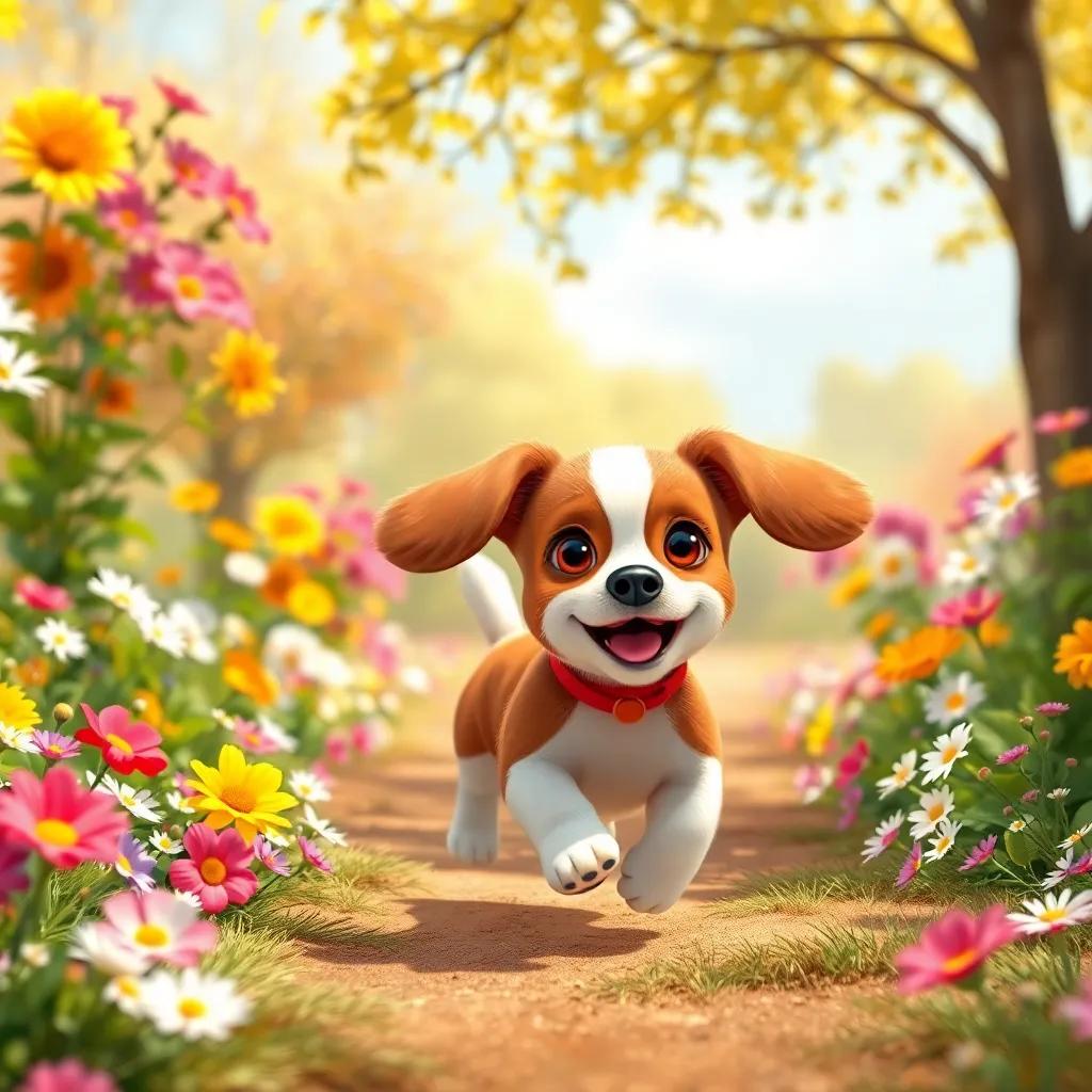 A playful little dog named Lila, a small brown and white puppy with big floppy ears, energetically running through a sunny park filled with colorful flowers, digital art, bright colors, cheerful atmosphere, high quality