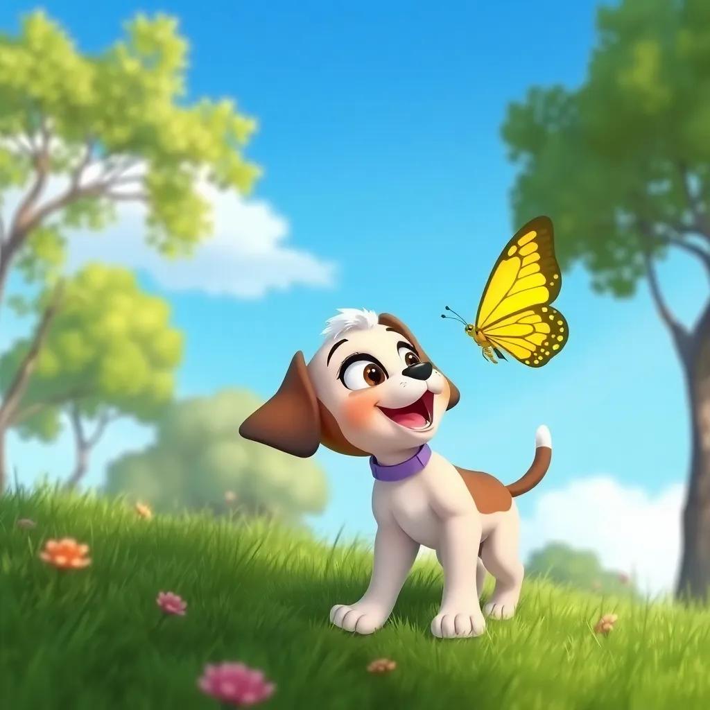 Lila the puppy curiously chasing a fluttering butterfly, with trees and a blue sky in the background, joyful and vibrant scene, illustration, child-friendly