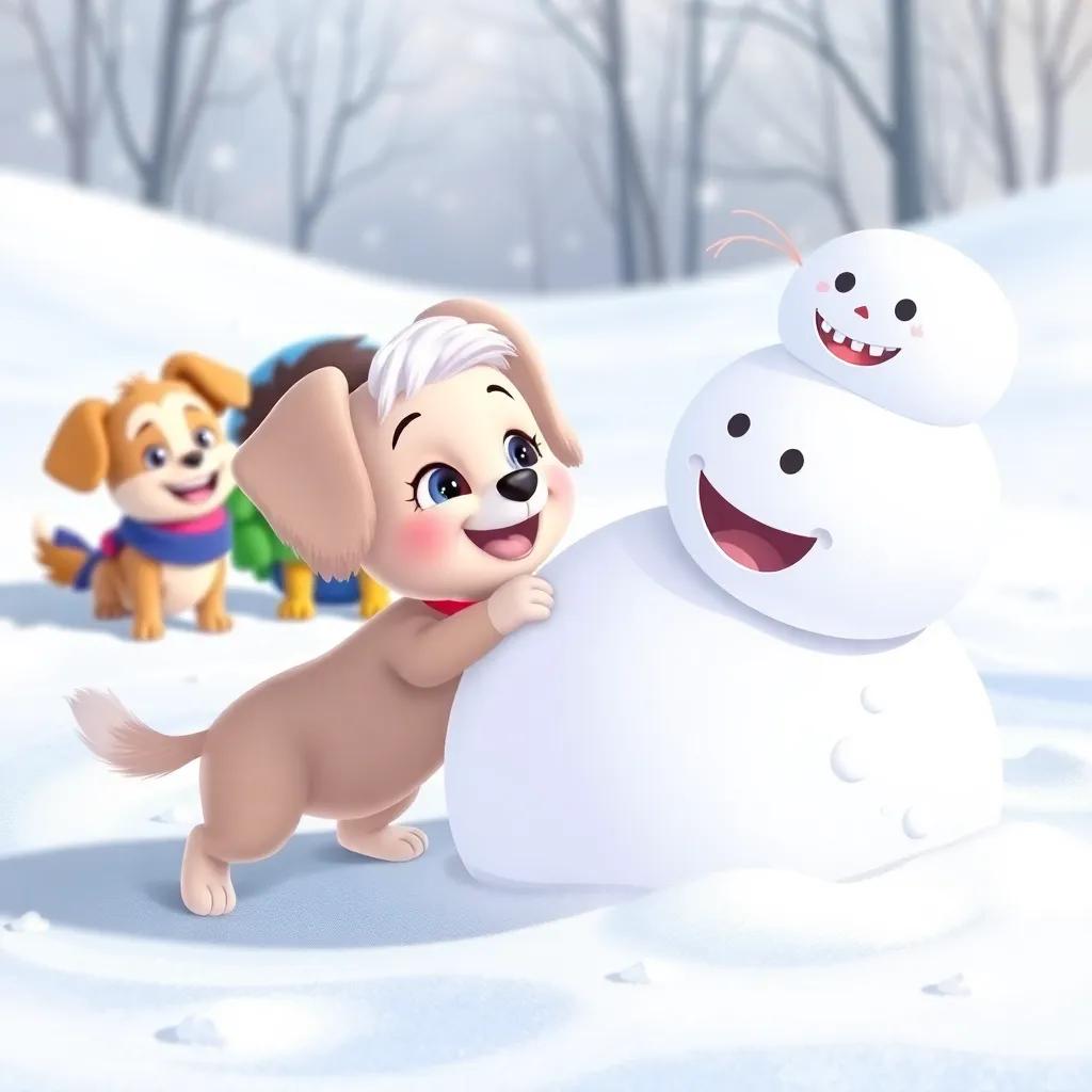 Lila, the little dog, playfully knocking over a snowman made of white snow, with her friends laughing in the background, colorful and fun, cartoon style, high quality