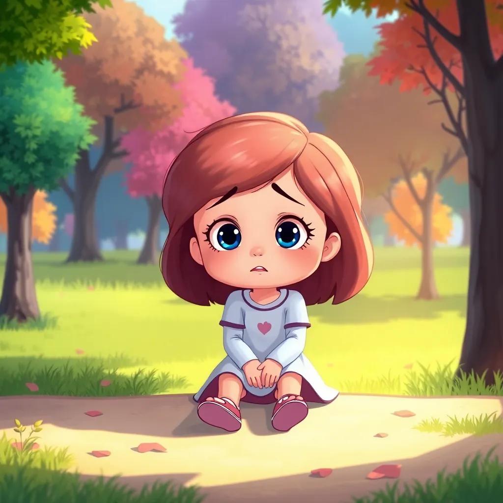 A sad Lila sitting alone in a park, realizing she is lost, with a worried expression and colorful trees around her, emotional children’s illustration, bright colors, heartwarming