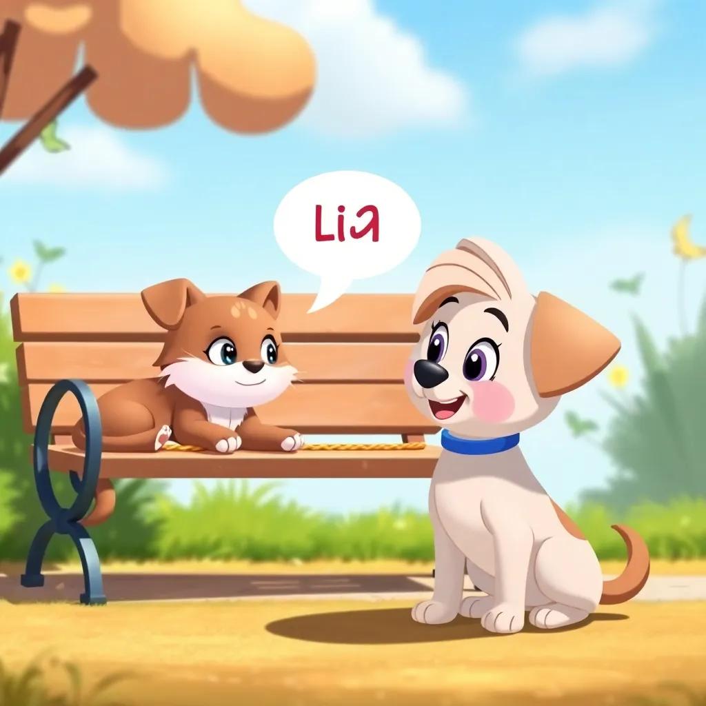 Lila, the little puppy, talking to a lazy cat resting on a sunny bench, with a humorous expression, cheerful surroundings, cartoon-style, child-friendly