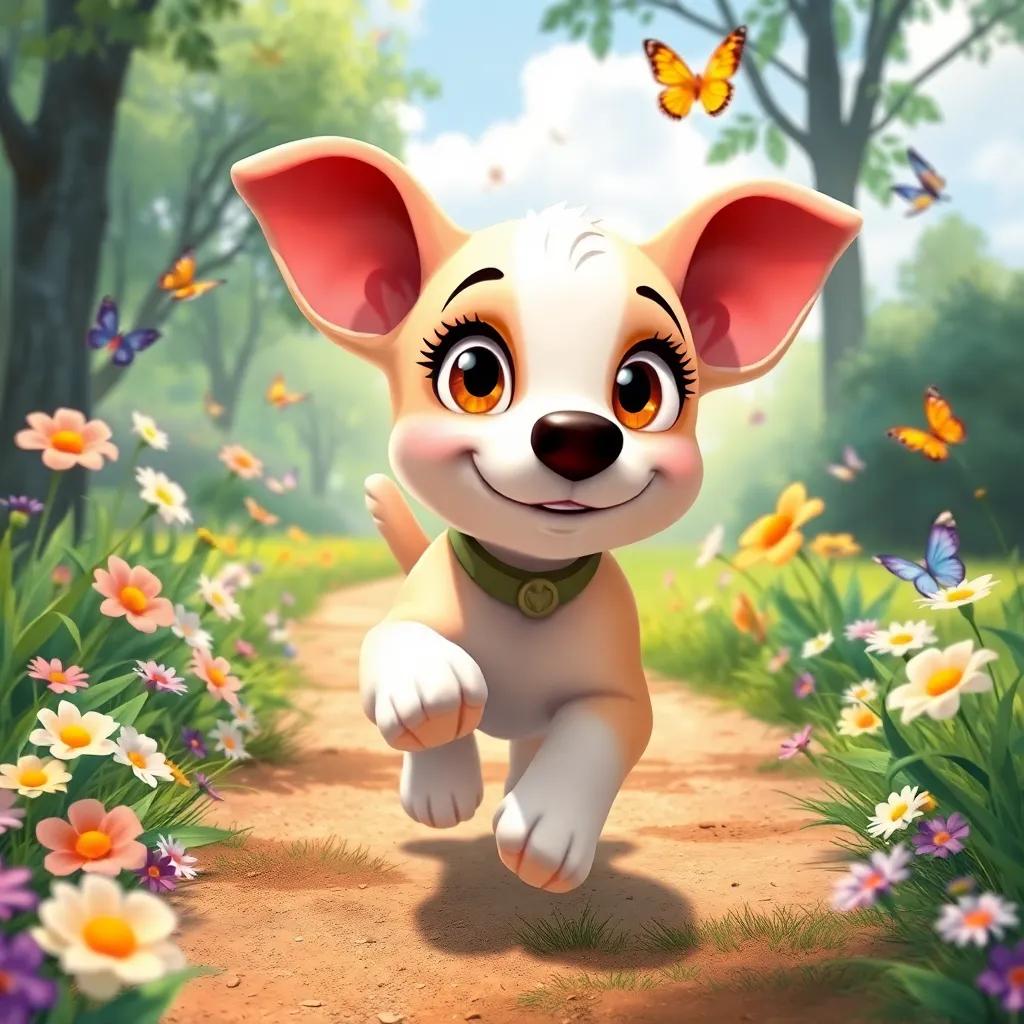 Lila the puppy looking determined while running back home through the park, with flowers and butterflies around, vibrant and energetic scene, digital illustration, high quality