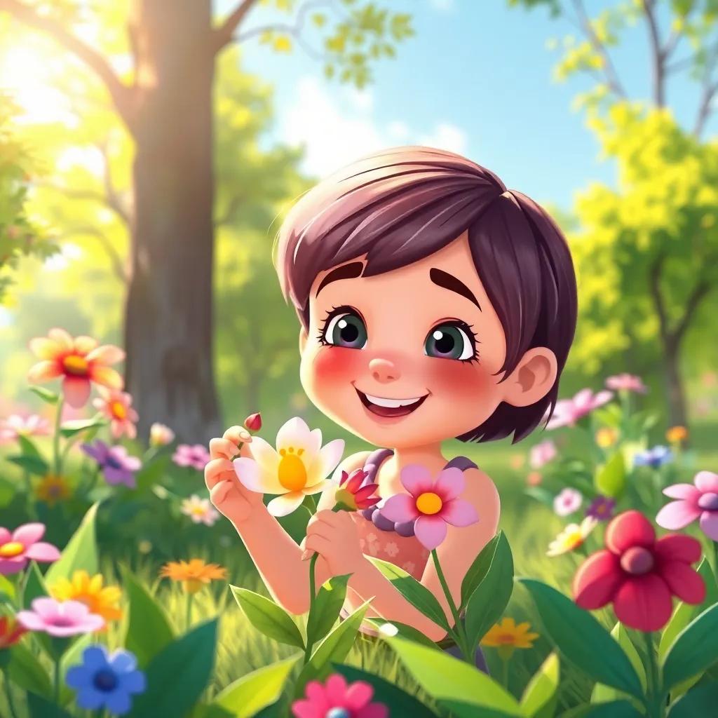 Lila discovering a beautiful flower in the park, with a bright smile on her face under the sunlight, colorful nature around, charming illustration, child-friendly