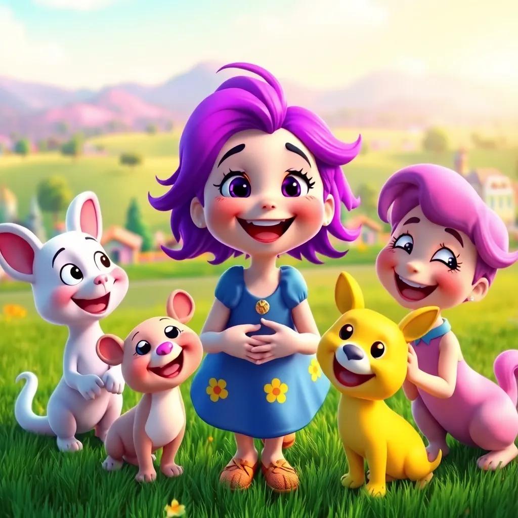 Lila happily reuniting with her friends at the park, all of them smiling and playing together, colorful landscape in the background, joyful atmosphere, digital art, vibrant colors