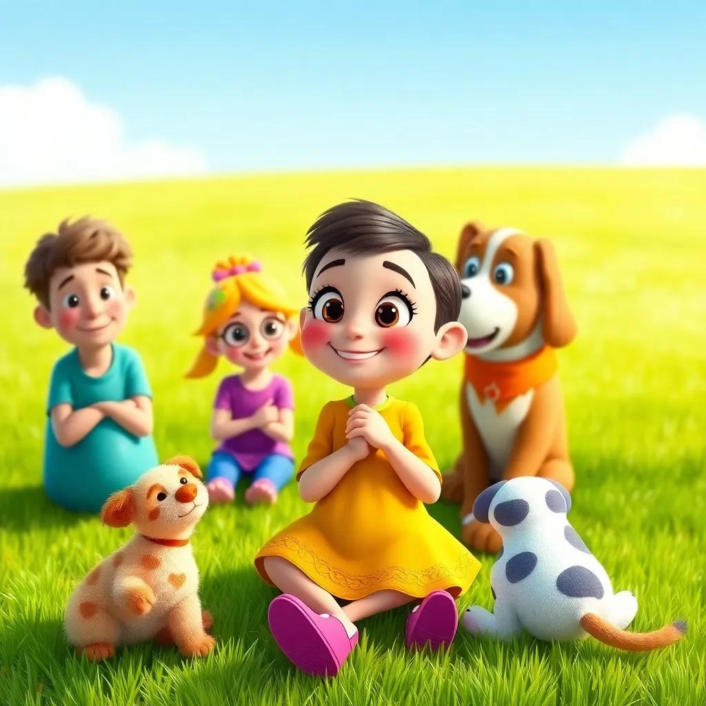 Lila, now paying attention in class with her friends around her, sitting on a green grass field with a teacher dog nearby, smiling and encouraging, bright colors, heartwarming scene