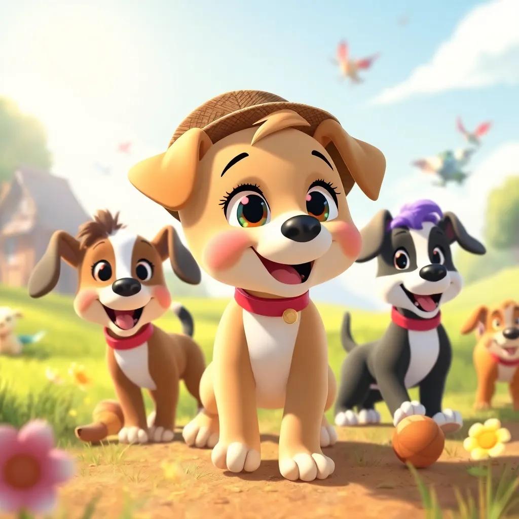 Lila the little puppy enjoying adventures with her friends, all happily playing together under a sunny sky, joyful and colorful atmosphere, digital illustration, high quality