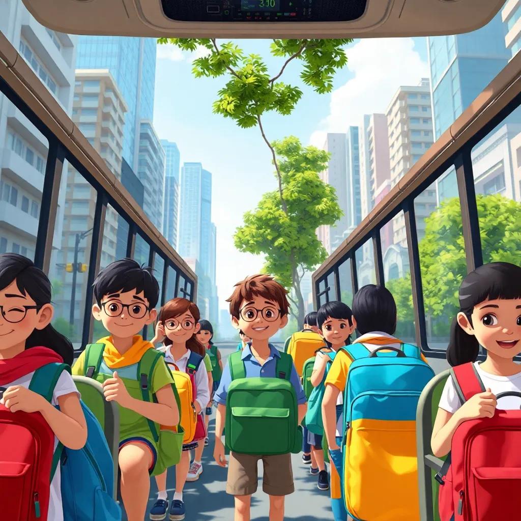 Um grupo de alunos espertos e animados, com mochilas coloridas, em uma cidade grande, quando estão prestes a embarcar em um ônibus escolar, com árvores ao fundo, digital art, vibrante, alegre, perspectiva frontal, alto detalhe