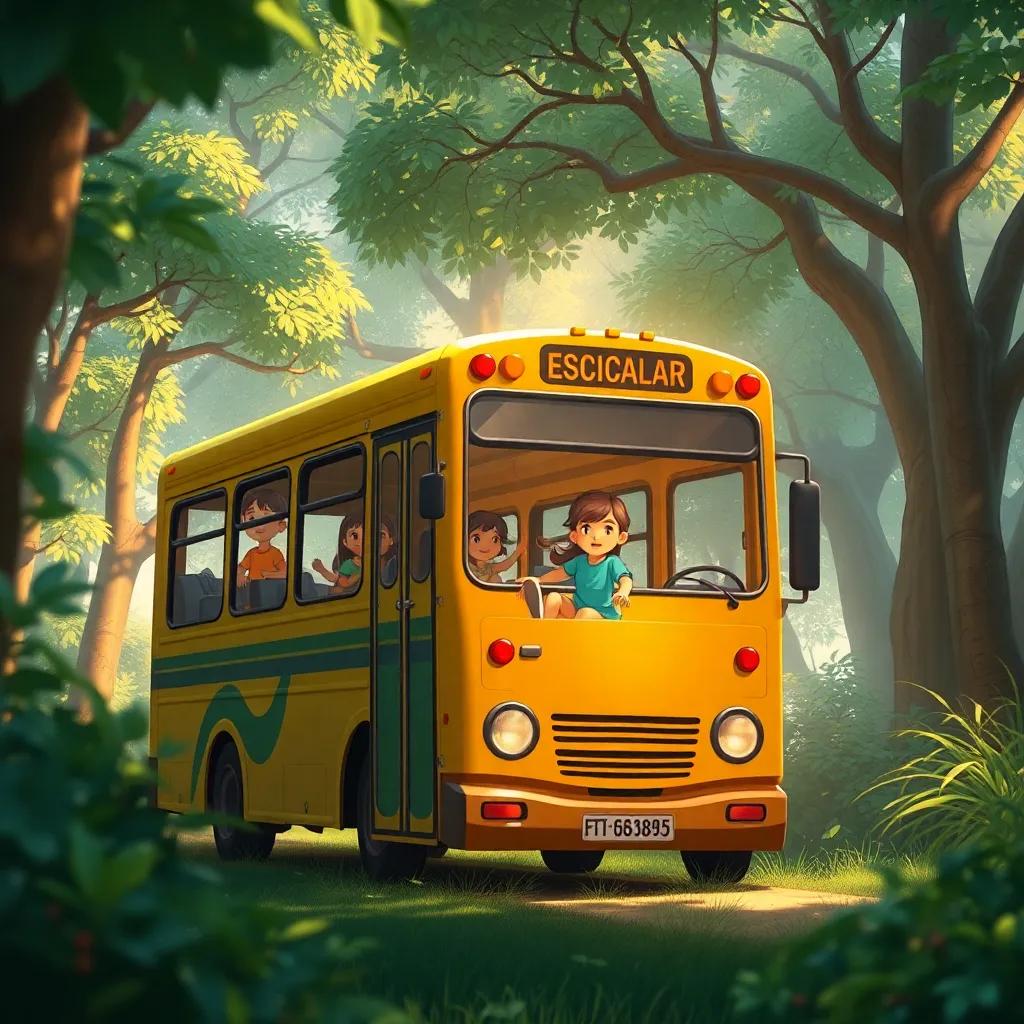 Um ônibus escolar estacionado em uma floresta verdejante, com crianças saltando animadamente do ônibus, e árvores altas ao redor, iluminação ensolarada, cores suaves, digital painting, cartunesco