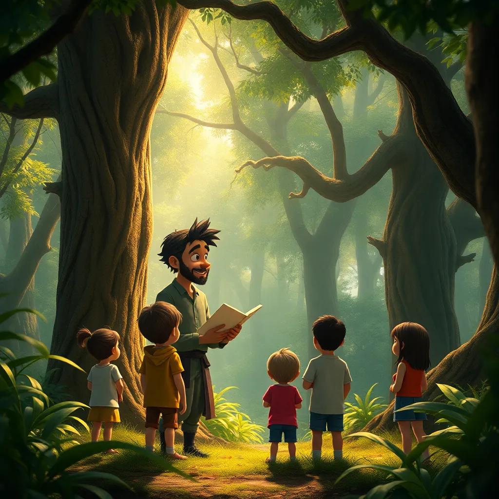 Um guia simpático, um homem de meia-idade, contando histórias para um grupo de crianças fascinadas em uma floresta densa, cercados por árvores grandes e mistérios, arte digital, detalhes vívidos, atmosfera de aventura