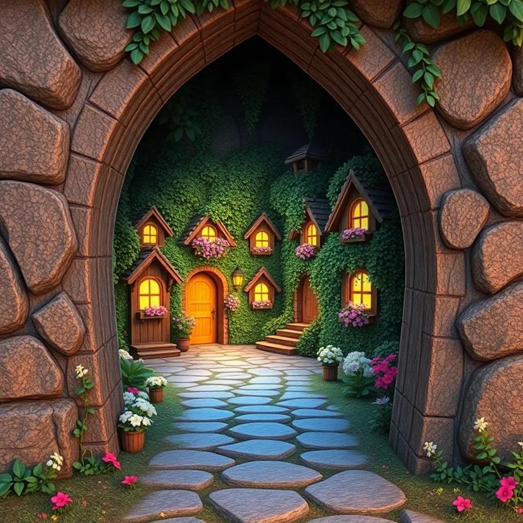 A entrada de uma colônia escondida, com casas de madeira coloridas e flores em cada janela, coberta por folhas e trepadeiras, arte digital, encantador, iluminação suave, perspectiva da entrada