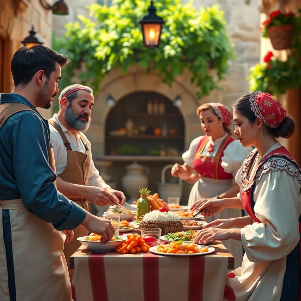 Moradores da colônia italiana, homens e mulheres vestindo roupas tradicionais, preparando pratos saborosos em uma mesa comunitária, cenário vibrante, digital art, calorosa e convidativa, alta qualidade