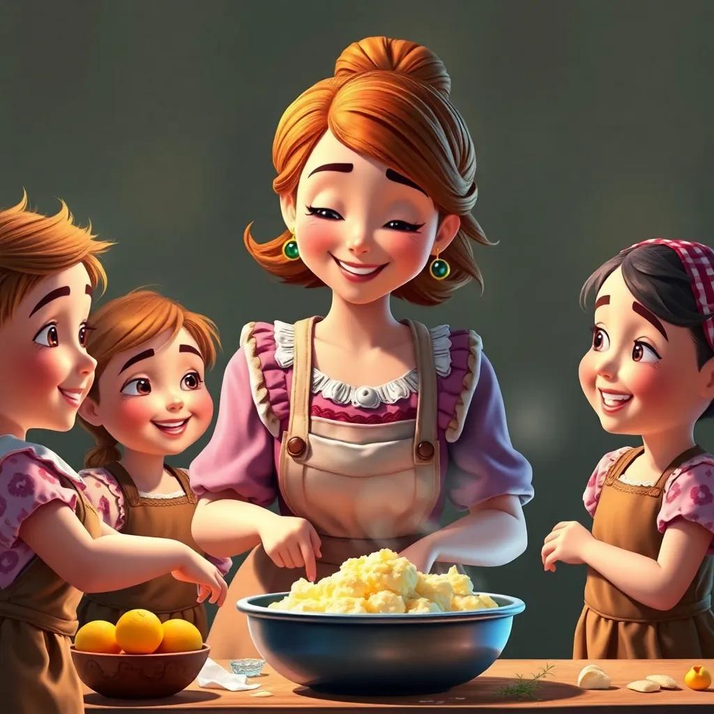 Uma menina da colônia italiana, com cabelo castanho e roupas típicas, ensinando crianças a fazer massa, rindo e sorrindo, cozinha tradicional ao fundo, arte digital, alegre, envolvente