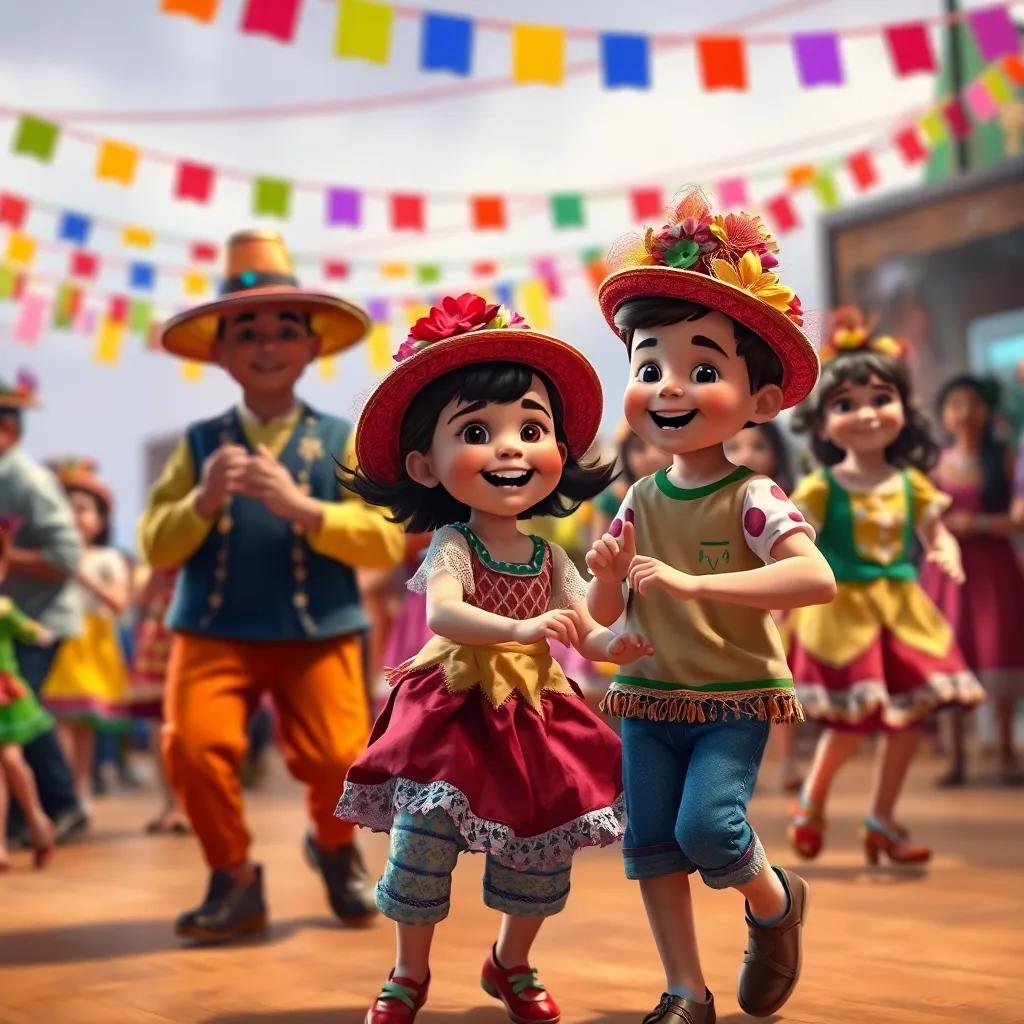 Crianças dançando alegremente com moradores locais em uma festa tradicional, com bandeirinhas coloridas e uma atmosfera de celebração, arte digital, vibrante, festivo, alta qualidade