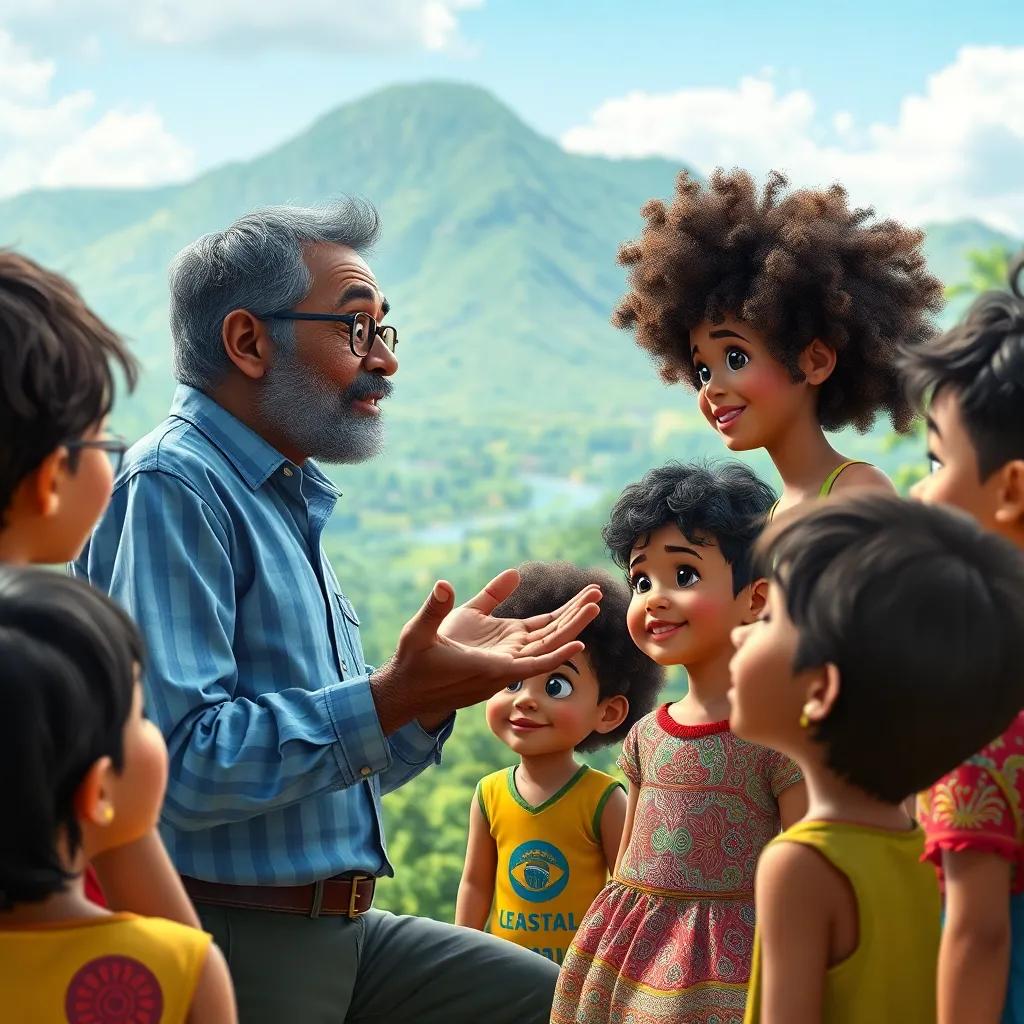 Uma imagem do guia dizendo aos alunos sobre a diversidade cultural do Brasil, com uma paisagem colorida ao fundo, expressões edificantes nos rostos das crianças, arte digital, inspiradora e detalhada, qualidade excelente