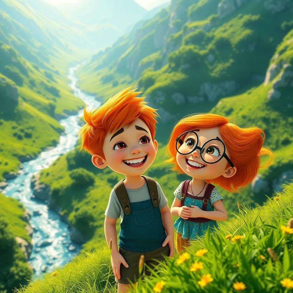 A vibrant green valley with rivers sparkling in the sun, two children, Tomás with bright orange hair and Lucia with round glasses, laughing and planning their adventure, digital art, colorful, lively atmosphere, high quality