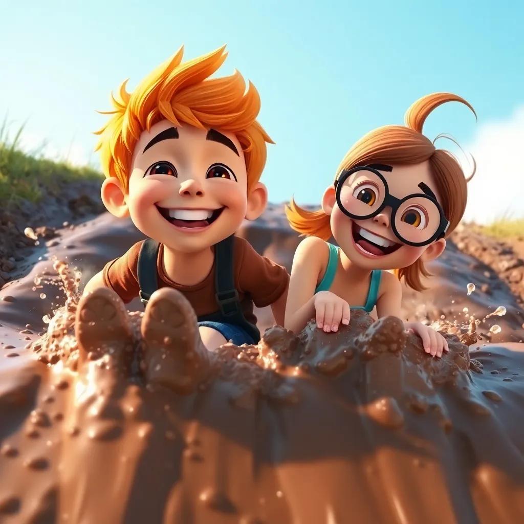Tomás, a boy with bright orange hair, and Lucia, a girl with round glasses, sliding down a muddy slope, splashing and laughing, bright blue sky above, joyful and playful scene, child-friendly art, warm light, high detail