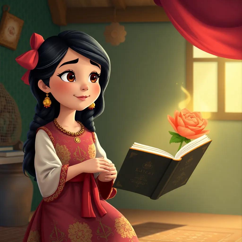 Zeynep, uma menina turca, com cabelo escuro e trajes coloridos, ouvindo a avó contar histórias sobre novelas turcas, ilustração, estilo amigável, ambiente acolhedor, qualidade alta