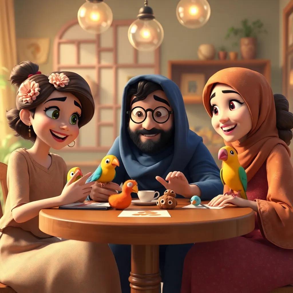 Zeynep, Ali e Aisha se reunindo para criar sua própria novela, com papéis e canetas em uma mesa, ambiente alegre, cheio de cores, arte digital, perspectiva dinâmica, qualidade detalhada