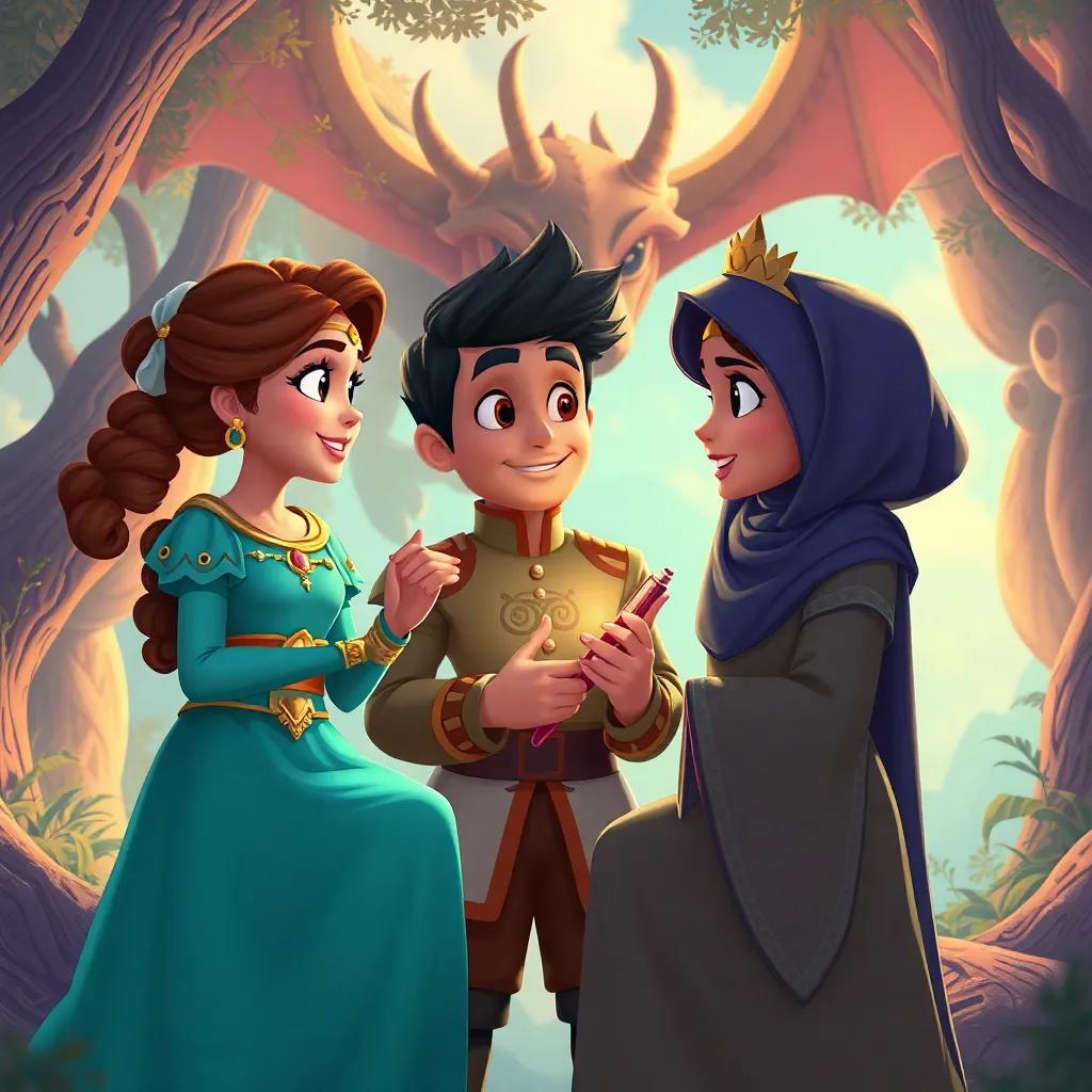 Zeynep como heroína, Ali como príncipe e Aisha como conselheira, discutindo o plano para enfrentar o dragão em um cenário aventureiro, ilustração vibrante, cheia de ação, qualidade alta