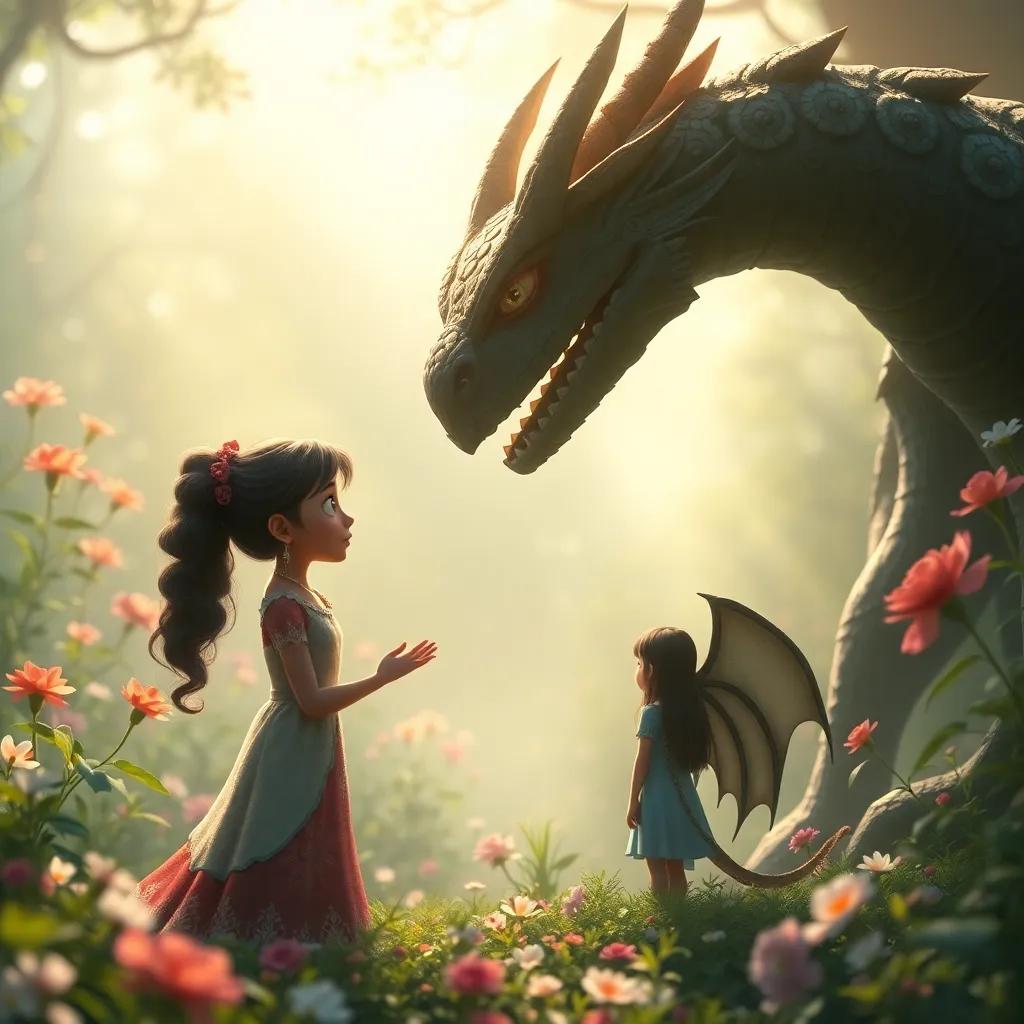 Zeynep falando com o dragão, uma criatura enorme e triste, em uma floresta mágica, luz suave e encantadora, arte digital, atmosfera calma e pensativa, qualidade detalhada