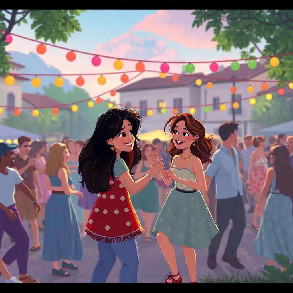 Zeynep e seus amigos organizando uma grande festa, com balões e música na praça do vilarejo, todos dançando e se divertindo, ilustração alegre, cores brilhantes, qualidade alta