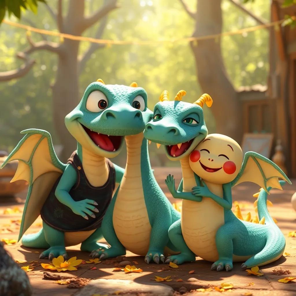 O dragão alegre cercado de novos amigos, com sorrisos e risos, em um cenário ensolarado, arte digital, ambiente de felicidade compartilhada, qualidade detalhada