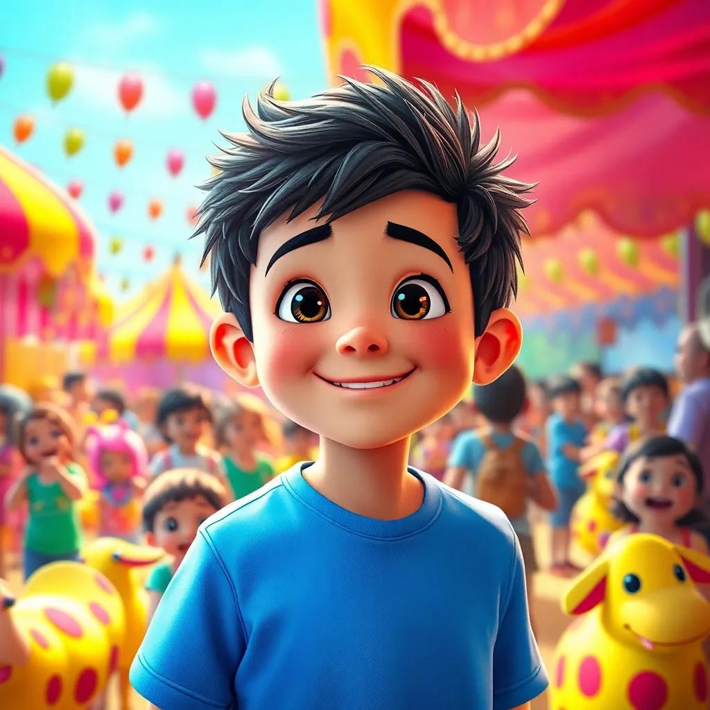 Léo, um menino com cabelos cacheados e uma camiseta azul, em um festival colorido, cercado por balões e crianças felizes, digital art, bright colors, joyful atmosphere, high quality