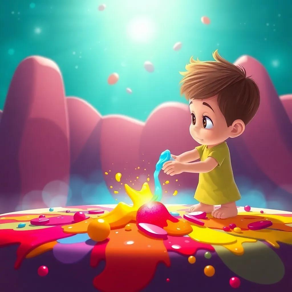 Léo misturando tintas brilhantes em um grande balde, com cores como vermelho, amarelo e azul, uma nova cor mágica aparece, illustration, vibrant, magical moment, child-friendly