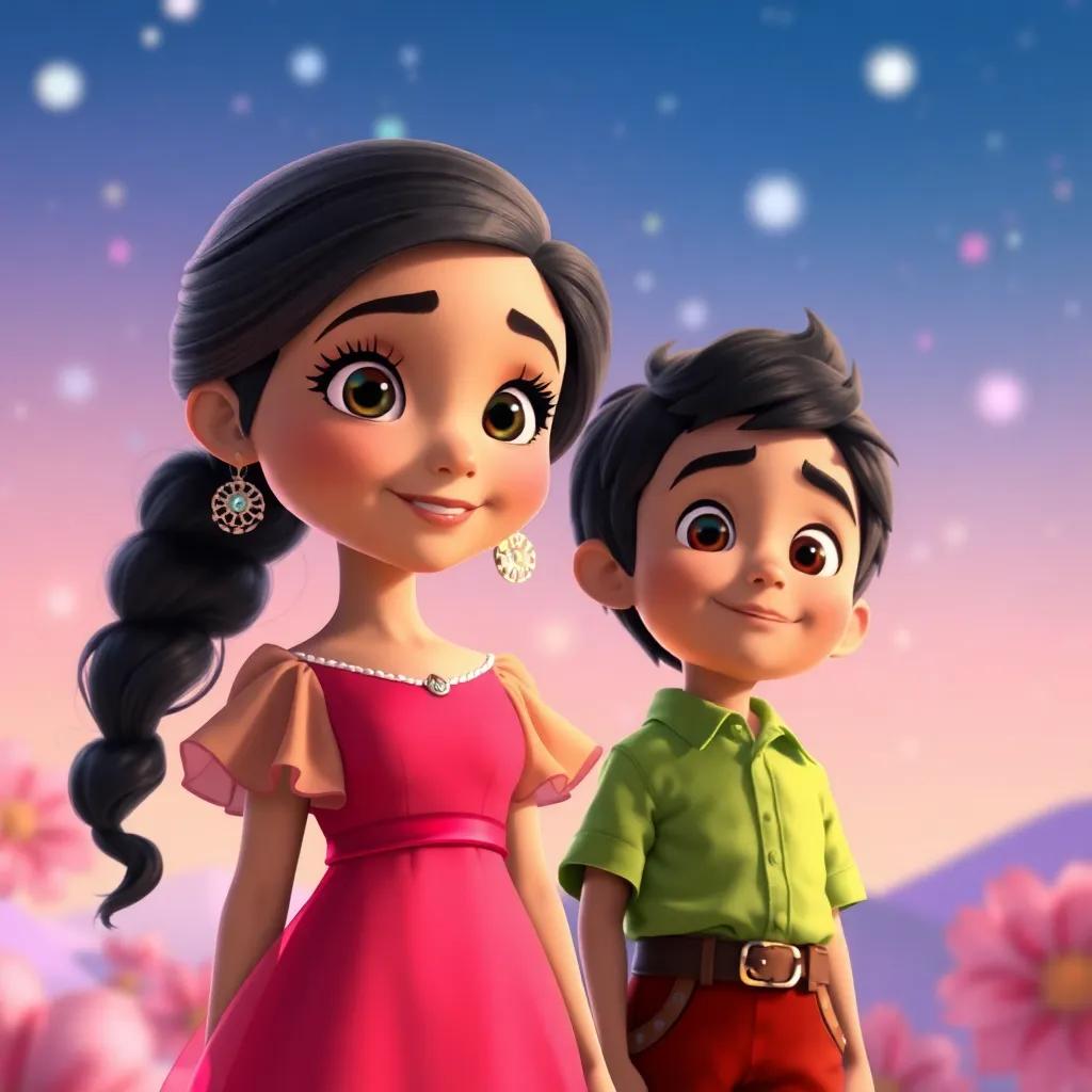 Ana, uma menina com cabelos lisos e pretos, vestindo um vestido rosa, juntamente com Miguel, um menino de blusa verde, admirando a nova cor mágica, colorful background, cheerful, engaging scene, high quality