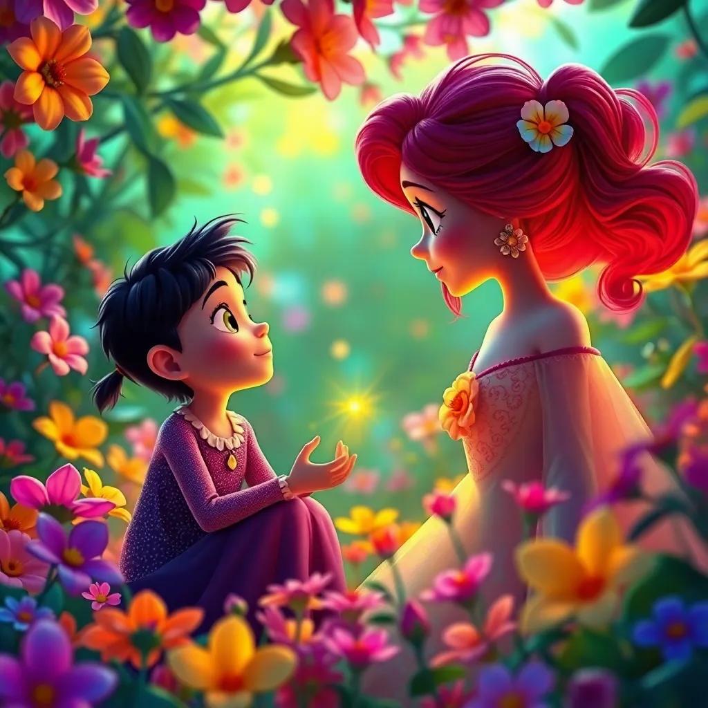 A Cor das Flores, uma figura mágica e colorida, falando com Léo, Ana e Miguel em uma floresta cheia de flores de várias cores, enchanting, magical atmosphere, rich colors, high quality