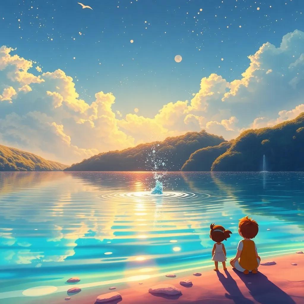 O Lago do Arco-íris com águas brilhantes refletindo todas as cores, um peixe mágico saltando, enquanto Léo e seus amigos assistem com felicidade, illustration, beautiful scenery, vivid, high quality