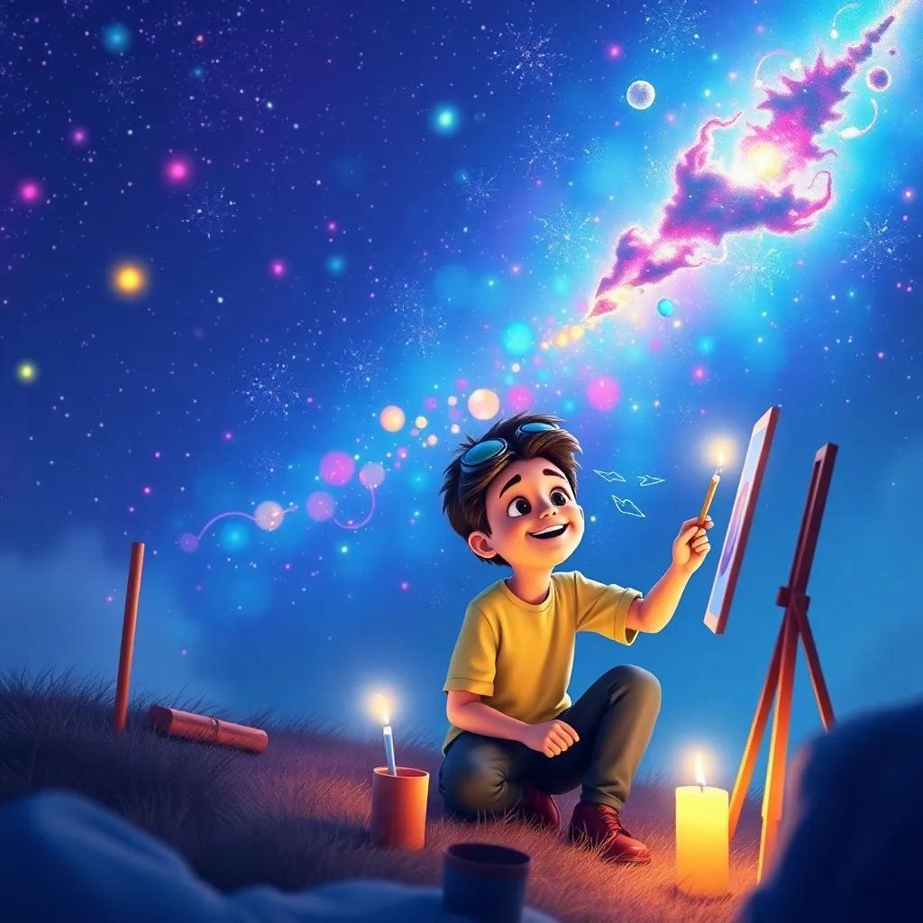 Léo, Ana e Miguel pintando o céu com a nova cor mágica em uma colina, com um céu colorido e uma multidão observando, digital art, joyful celebration, vibrant colors, high quality