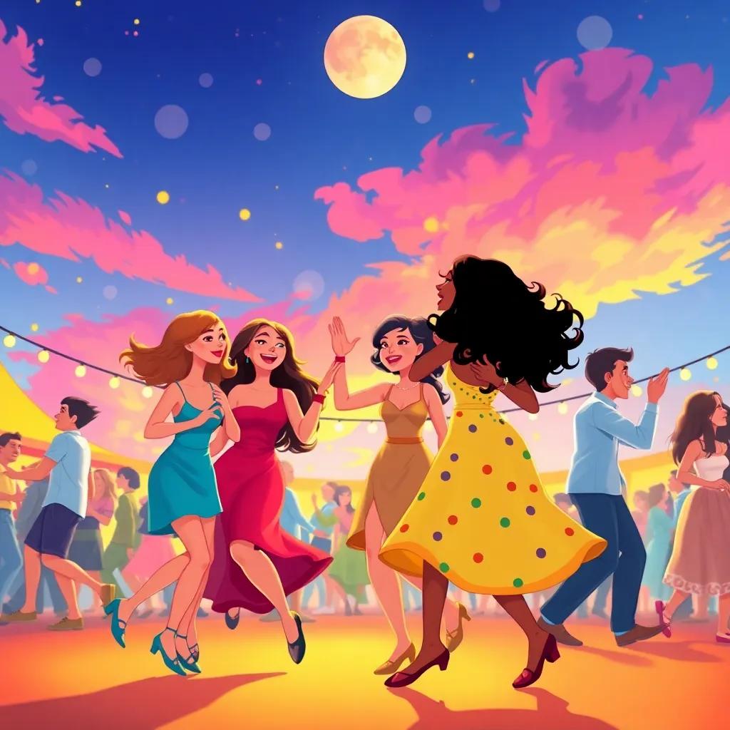 As pessoas dançando e se divertindo sob um céu colorido, com risadas e alegra em um festival alegre, illustration, festive atmosphere, bright vibrant, high quality