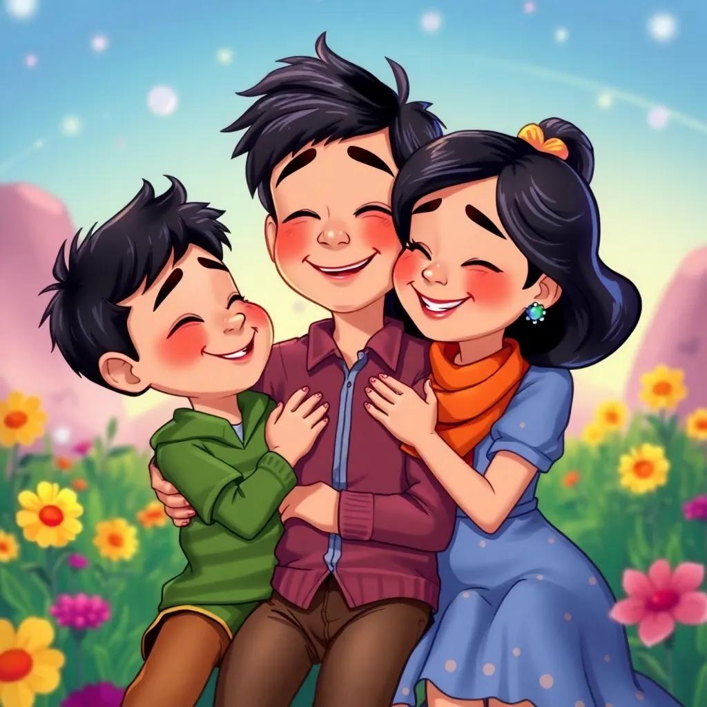 Léo, Ana e Miguel sorrindo e se abraçando em um fundo colorido, pensando em suas aventuras e amizade, illustration, heartwarming, cheerful colors, high quality