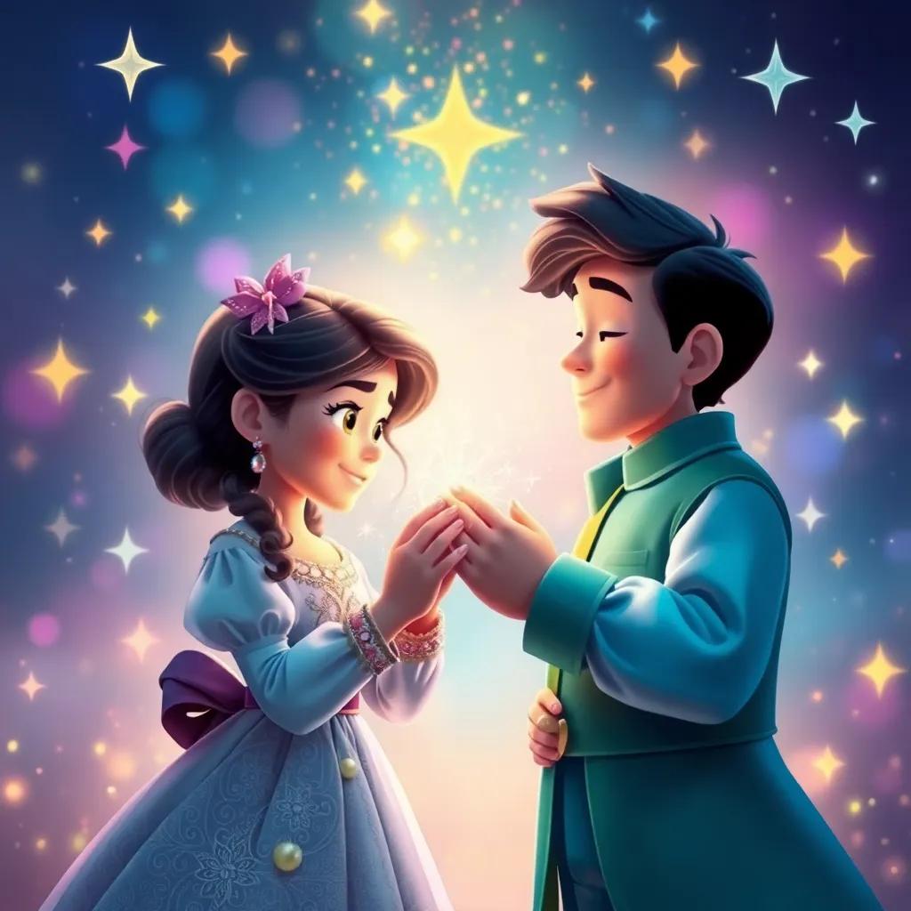 Um final mágico com Léo, Ana e Miguel segurando mãos, cercados por cores brilhantes e estrelas, simbolizando amizade e unidade, digital art, dreamy atmosphere, colorful, high quality