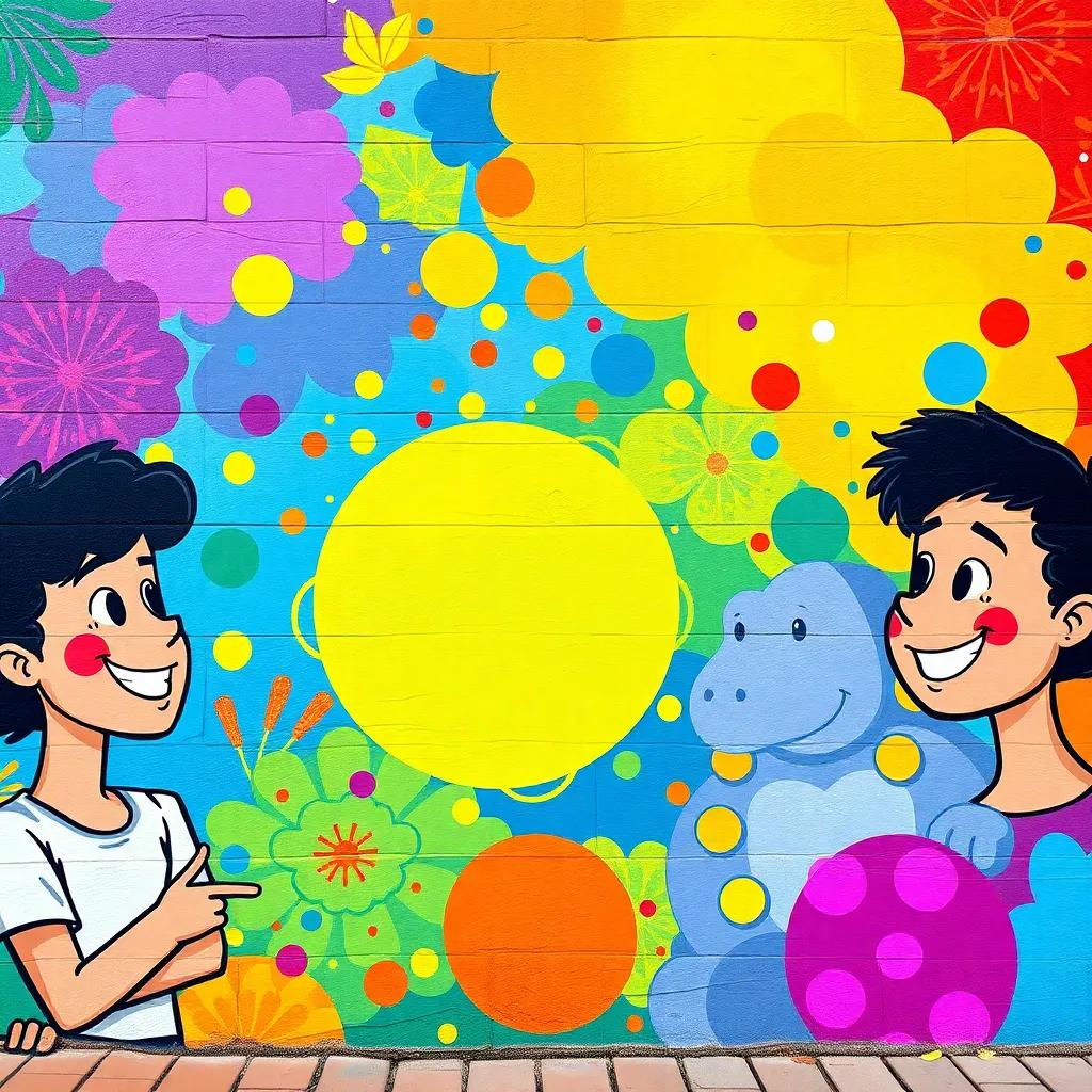 Um mural colorido criado por Léo, Ana e Miguel, mostrando a mistura de cores e sorrisos, com todas as cores desenvolvendo histórias, illustration, vibrant, imaginative, high quality
