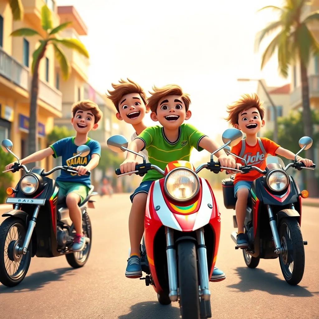 Arthur, Davi, and Nicoly, three young Brazilian friends in their early teens, riding motorcycles on a sunny street, with excitement on their faces, colorful t-shirts and shorts, digital art, bright colors, cheerful atmosphere, high quality