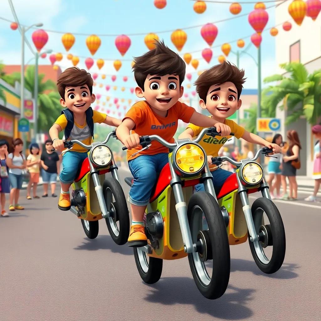 Arthur, Davi, and Nicoly, three young Brazilian friends in their early teens, performing motorcycle tricks on the Rua do Grau, with onlookers cheering and vibrant decorations in the background, illustration, lively, action-packed, child-friendly