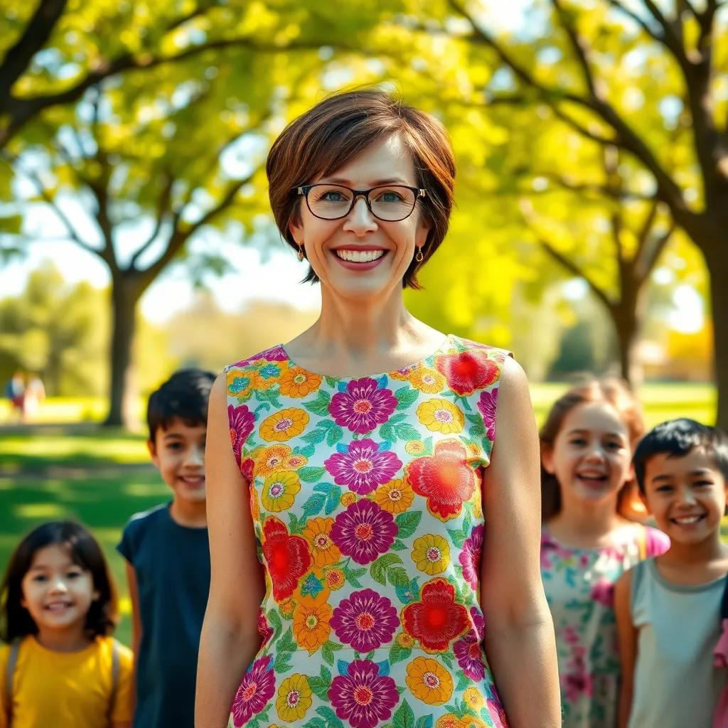 A cheerful teacher, Cleia, a woman in her 30s with short brown hair wearing a colorful dress, standing in a sunny park with lively students around her, excited expressions, digital art, vibrant colors, joyful atmosphere, bright sunlight, high quality