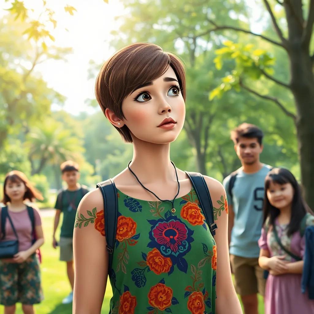 Cleia, a woman in her 30s with short brown hair wearing a colorful dress, looking around worriedly in a green park, students gathered around her, lively and engaging scene, illustration, warm light, friendly expressions, adventure view, high definition