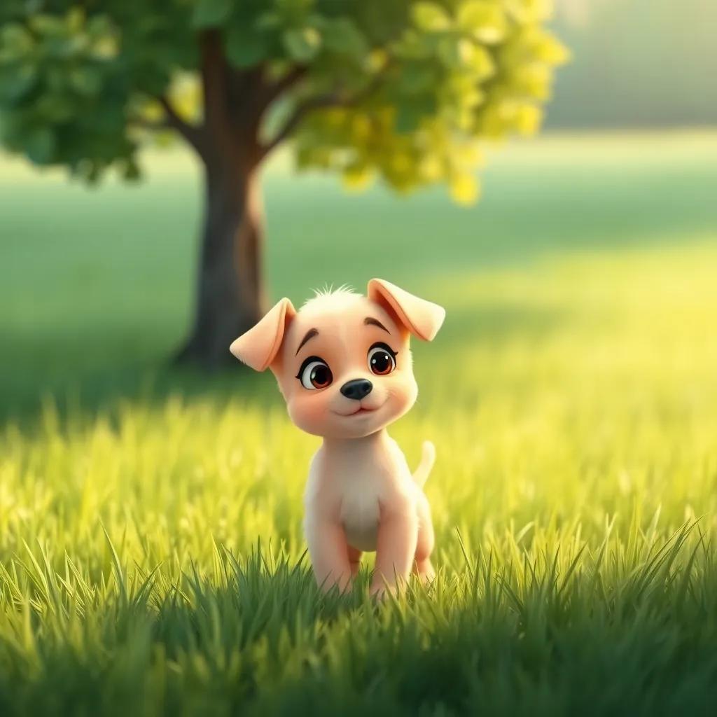 A little puppy, Fifi, standing in a field looking confused and around, feeling lost, with green grass and a tree, gentle light, soft colors, sentimental atmosphere, charming