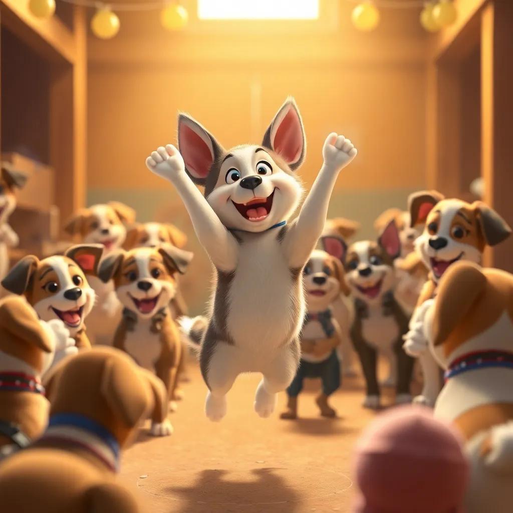 Fifi, jumping and performing her new trick happily with new friends at the kennel, surrounded by other excited puppies, warm light, celebration atmosphere, engaging, high quality