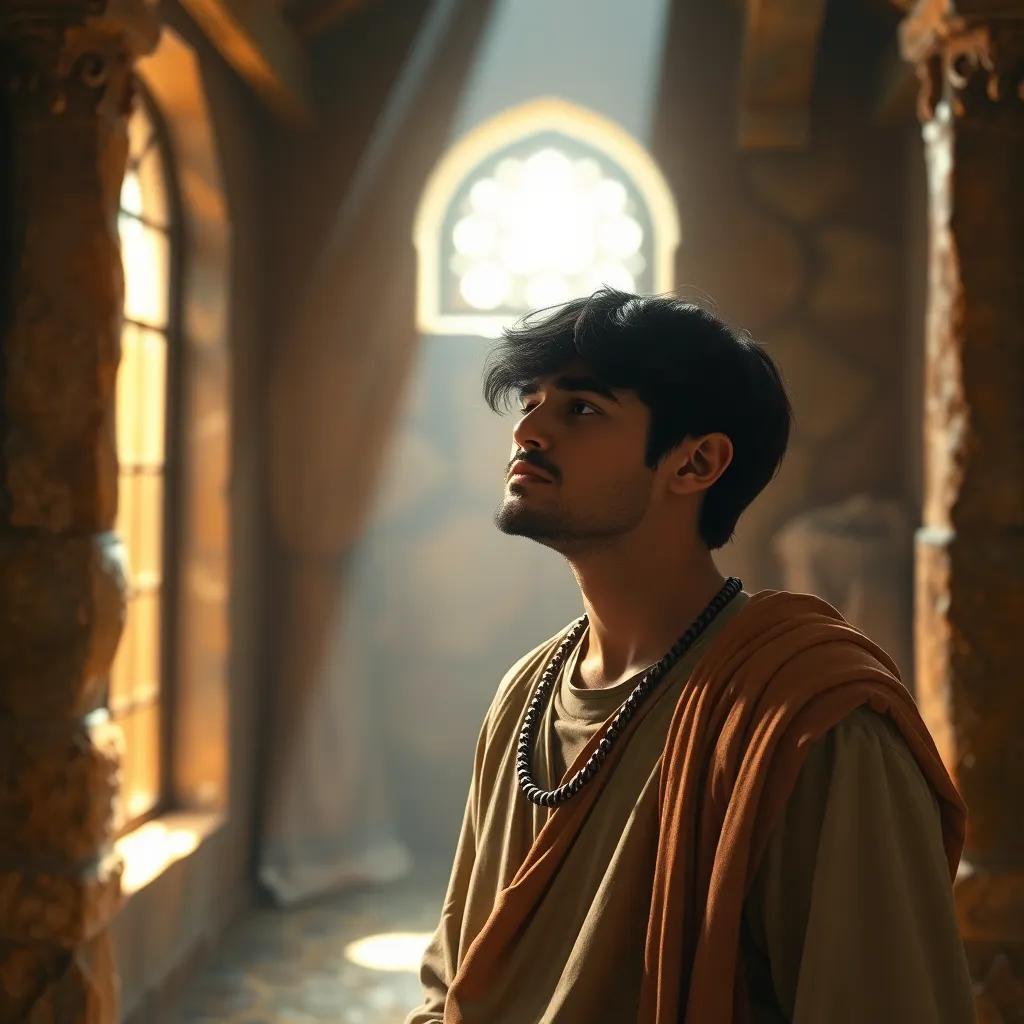 Jonas, a young Middle-Eastern man with short black hair, wearing simple, rustic clothing, standing in his house with a worried expression, listening to a voice from the heavens, bright light streaming through the window, warm colors, inviting atmosphere, high quality